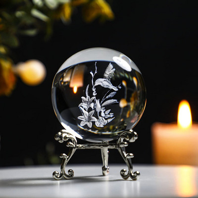 H&D 60 mm-es 3D golyós lézergravírozott kristálygömb üveg Art Craft miniatűr gömb lakberendezési kiegészítők karácsonyi ajándék fémállvány