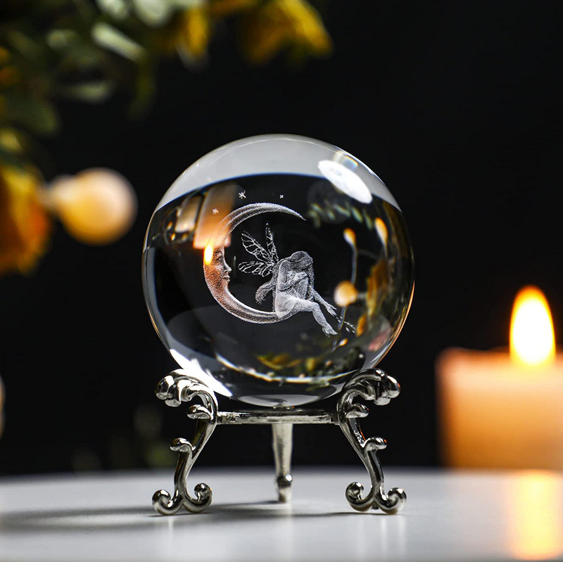 H&D 60 mm-es 3D golyós lézergravírozott kristálygömb üveg Art Craft miniatűr gömb lakberendezési kiegészítők karácsonyi ajándék fémállvány