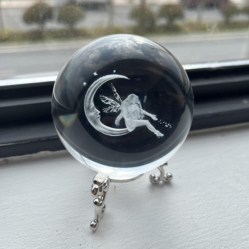H&D 60 mm-es 3D golyós lézergravírozott kristálygömb üveg Art Craft miniatűr gömb lakberendezési kiegészítők karácsonyi ajándék fémállvány