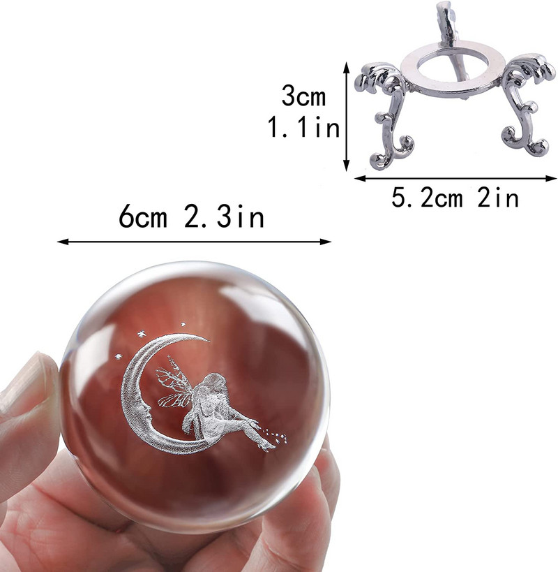 H&D 60 mm-es 3D golyós lézergravírozott kristálygömb üveg Art Craft miniatűr gömb lakberendezési kiegészítők karácsonyi ajándék fémállvány