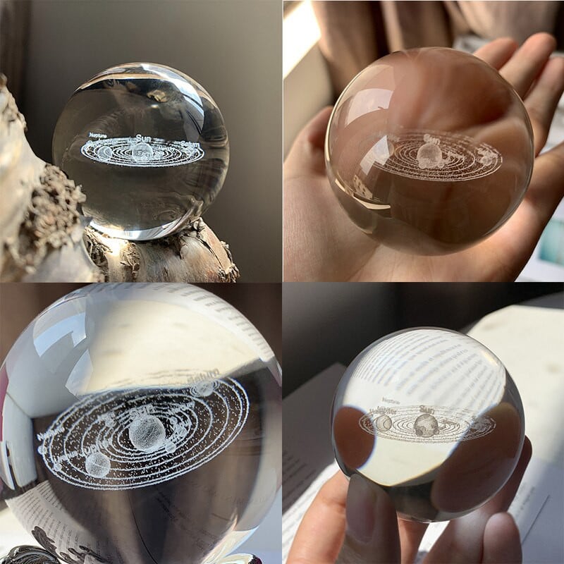 H&D 60 mm-es napelemes kristálygömb állvánnyal, dekoratív papírsúlyú 3D lézergravírozott üvegbolygógömb (nyolc növény megjelenítése)