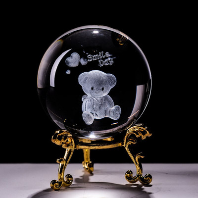 Kristálygömb 3D lézergravírozott medve miniatűr üveggömb gömb lakberendezési díszek kézműves ajándékok figurák díszítő golyók