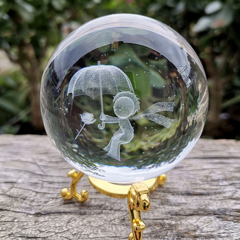 Кристално гравирана топка Стъклена лазерна 3d сфера със стойка Фигурка на ангел Пресапие Декорация на домашно бюро Топки Орнаменти Занаяти Подаръци