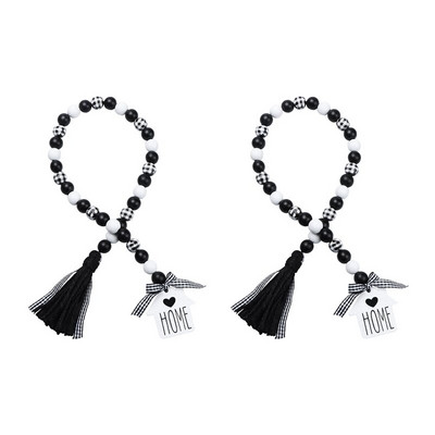 2X Farmhouse Wood Bead Garland, Black & White καρό ρουστίκ ξύλινες χάντρες με φούντες για διακόσμηση δίσκου σε κλιμάκωση σε αγροικία