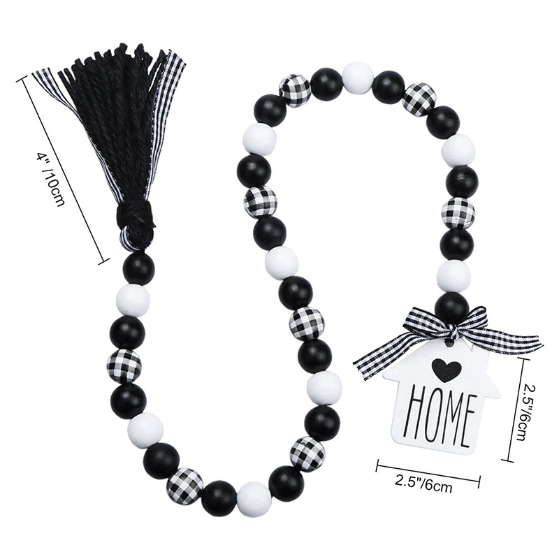 BMBY-2X sodybos medinių karoliukų girlianda, juodai balti languoti kaimiški mediniai karoliukai su kutais, skirti sodybos pakopiniam padėklo dekoravimui