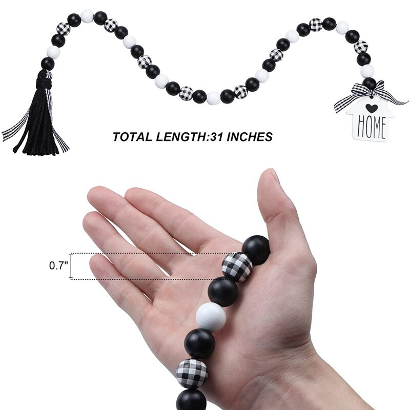 BMBY-2X sodybos medinių karoliukų girlianda, juodai balti languoti kaimiški mediniai karoliukai su kutais, skirti sodybos pakopiniam padėklo dekoravimui