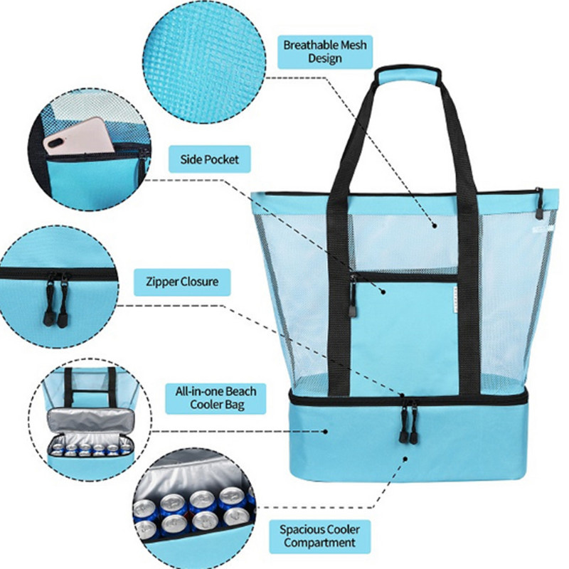 Cutie frigorifică cu izolare termică Basedidea Geantă portabilă din plasă de plajă Versiune îmbunătățită Geantă de depozitare impermeabilă din plasă pentru picnic pentru alimente