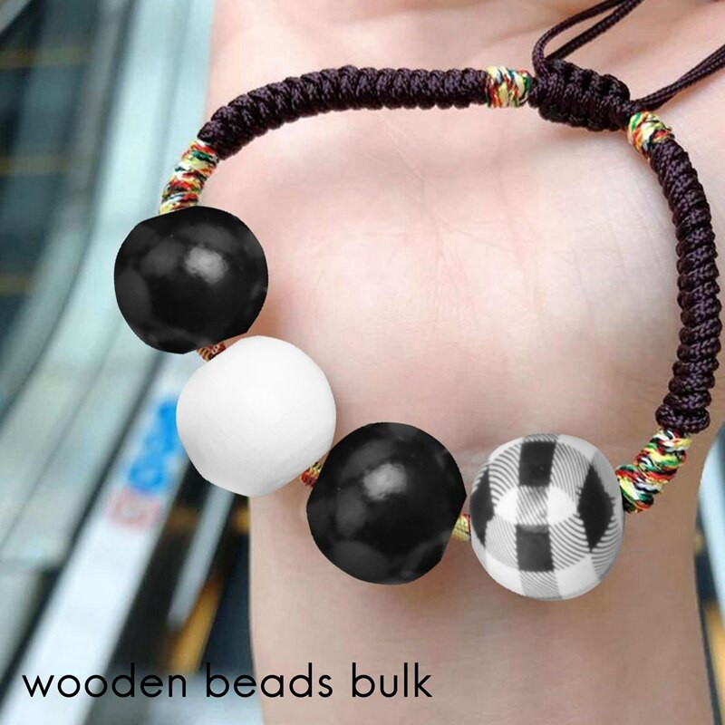 240 vnt. Juodai balti languoti mediniai karoliukai Farmhouse Buffalo Checked Print Mediniai karoliukai Spalvoti natūralūs karoliukai su kanapių virve