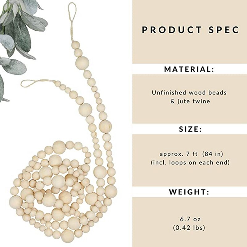 7Ft medinis karoliukas girlianda Farmhouse Namų dekoras Šalis Natūrali šventė Kalėdų eglutė Mantelio sienoje kabantys maldos karoliukai