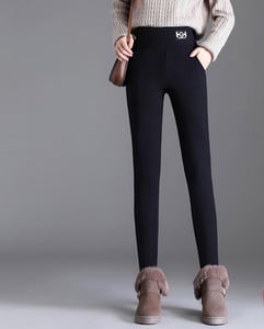 Moteriški šiuolaikiški antblauzdžiai aukštu juosmeniu ir logotipu – su šiltu pamušalu