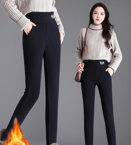 Moteriški šiuolaikiški antblauzdžiai aukštu juosmeniu ir logotipu – su šiltu pamušalu