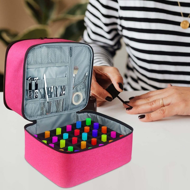 Geantă de depozitare lac de unghii cu două straturi, cu 30 de grile, cutie de transport portabilă din nailon, organizator de geantă de mână pentru parfum, lac de unghii cosmetic