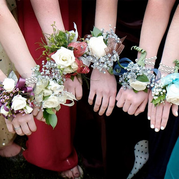 16 τμχ Ελαστικές μαργαριταρένιες κορδέλες καρπού κορσάζ Αξεσουάρ Καρπού γάμου DIY τεχνητά λουλούδια Διακόσμηση για πάρτι στην παραλία του γάμου