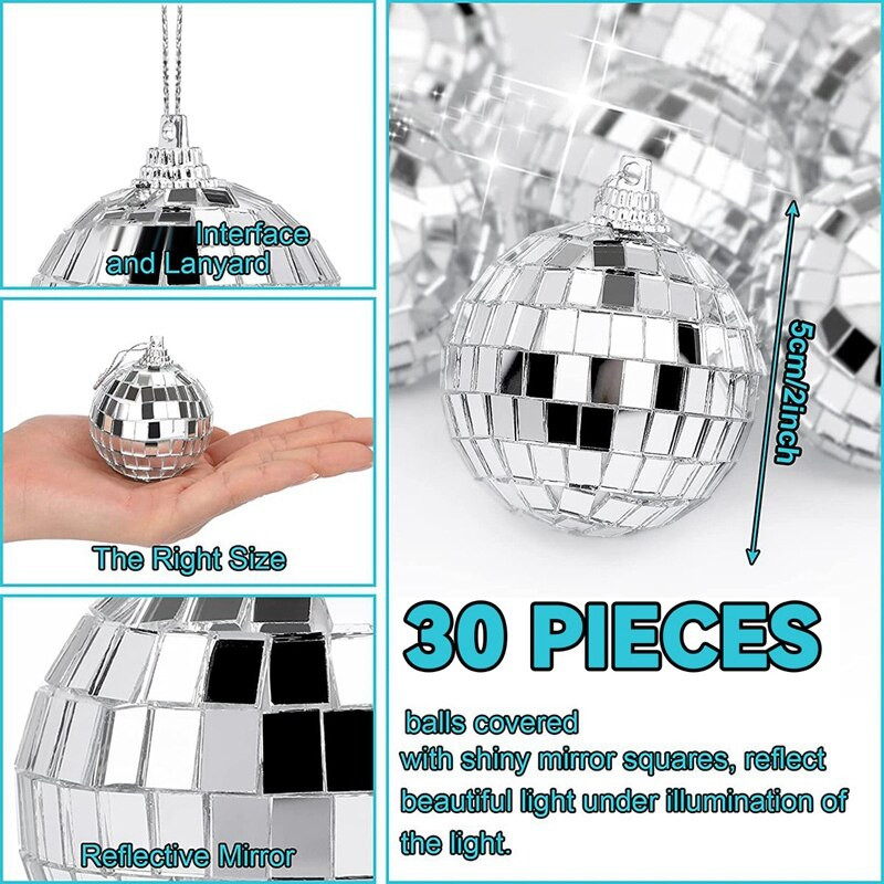 AT35 30 DB Disco Mirror Balls 2 hüvelykes fényvisszaverő tükörgolyó akasztós labda karácsonyfaparti otthoni dekorációhoz