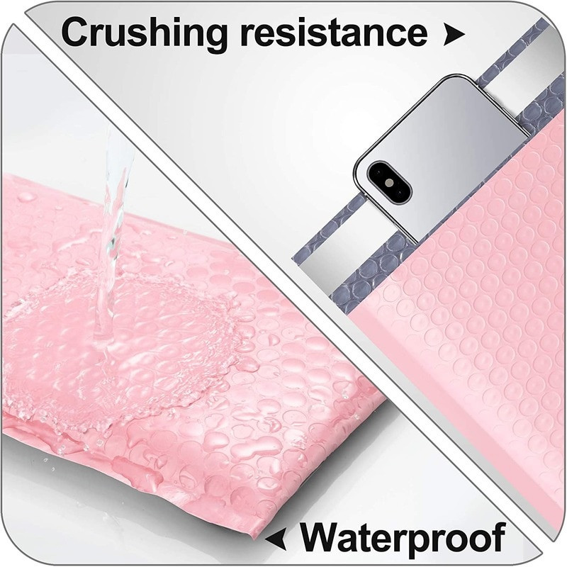 50 vnt. rožinės spalvos, polietileno burbuliukai, paminkštinti vokai, masiniai burbulais iškloti poliravimo maišeliai, skirti gabenimo pakavimui, savaime užsandarinamas maišelis