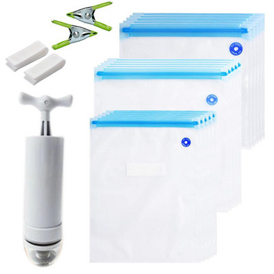 20/17 db-os zacskókészletek Újrafelhasználható élelmiszer-tároló Vákuumos lezárású zacskók kézi pumpás zacskóval Tömítőkapcsok Élelmiszer-csomagolás Élelmiszer tároláshoz Fagyasztás