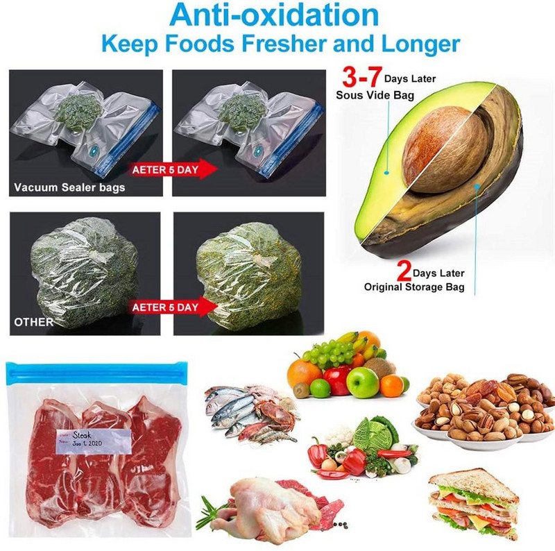 20/17 db-os zacskókészletek Újrafelhasználható élelmiszer-tároló Vákuumos lezárású zacskók kézi pumpás zacskóval Tömítőkapcsok Élelmiszer-csomagolás Élelmiszer tároláshoz Fagyasztás