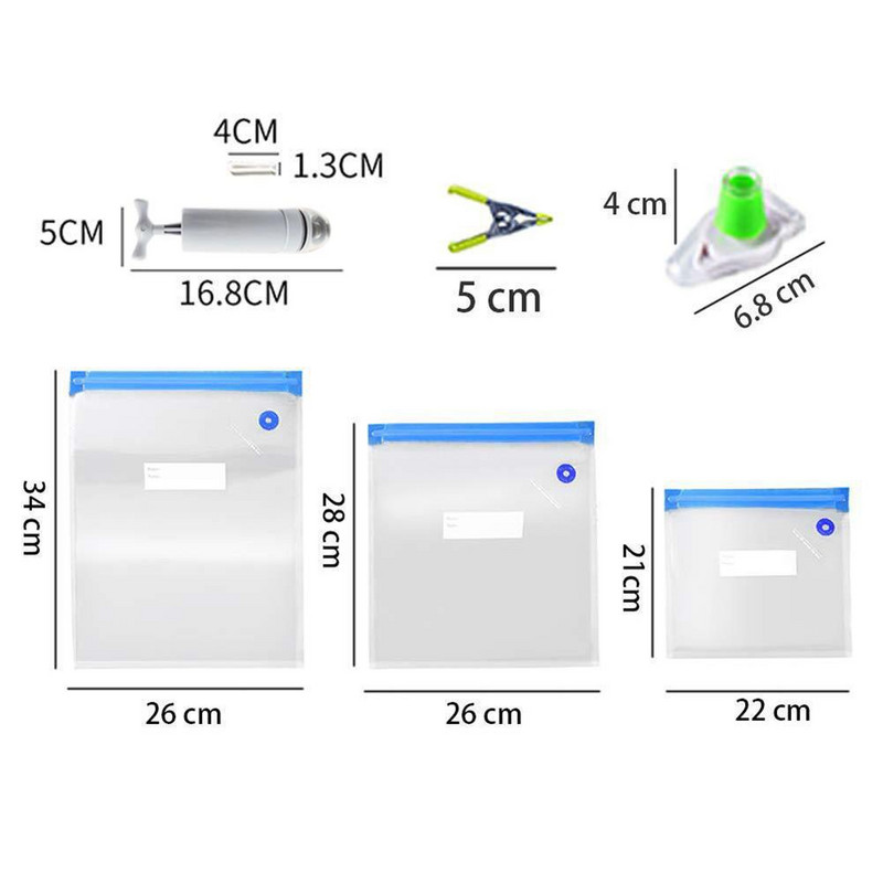 20/17 db-os zacskókészletek Újrafelhasználható élelmiszer-tároló Vákuumos lezárású zacskók kézi pumpás zacskóval Tömítőkapcsok Élelmiszer-csomagolás Élelmiszer tároláshoz Fagyasztás