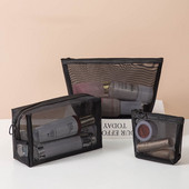 3 ks ležérne zipsové toaletné tašky na umývanie líčidiel, priehľadná sieťovaná make-up taška, organizér, úložné puzdro, dámska cestovná kozmetická taška