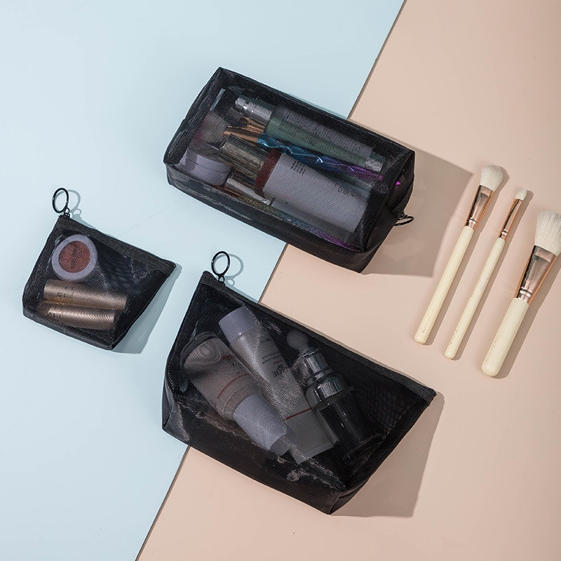 3 ks ležérne zipsové toaletné tašky na umývanie líčidiel, priehľadná sieťovaná make-up taška, organizér, úložné puzdro, dámska cestovná kozmetická taška
