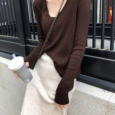 Casual πουλόβερ με μακριά μανίκια και V λαιμόκοψη