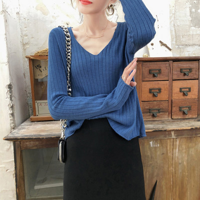 Casual πουλόβερ με μακριά μανίκια και V λαιμόκοψη