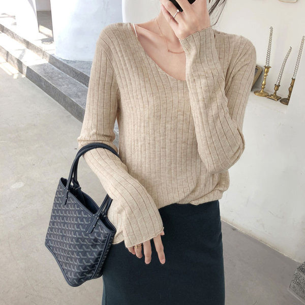 Casual πουλόβερ με μακριά μανίκια και V λαιμόκοψη