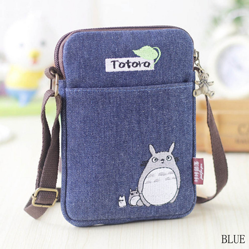 Vyšívaná kreslená džínsová taška cez rameno Totoro, čerstvé malé látkové puzdro, horúce nové tašky s potlačou medveďa pre ženy, dievčatá, deti