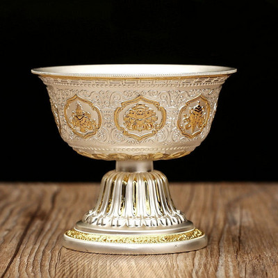 Ezüst gravírozás buddhizmus szenteltvíz csésze kézműves ötvözet kedvező tibeti Buddha tál gyűjtemény ajándék beltéri dekoratív
