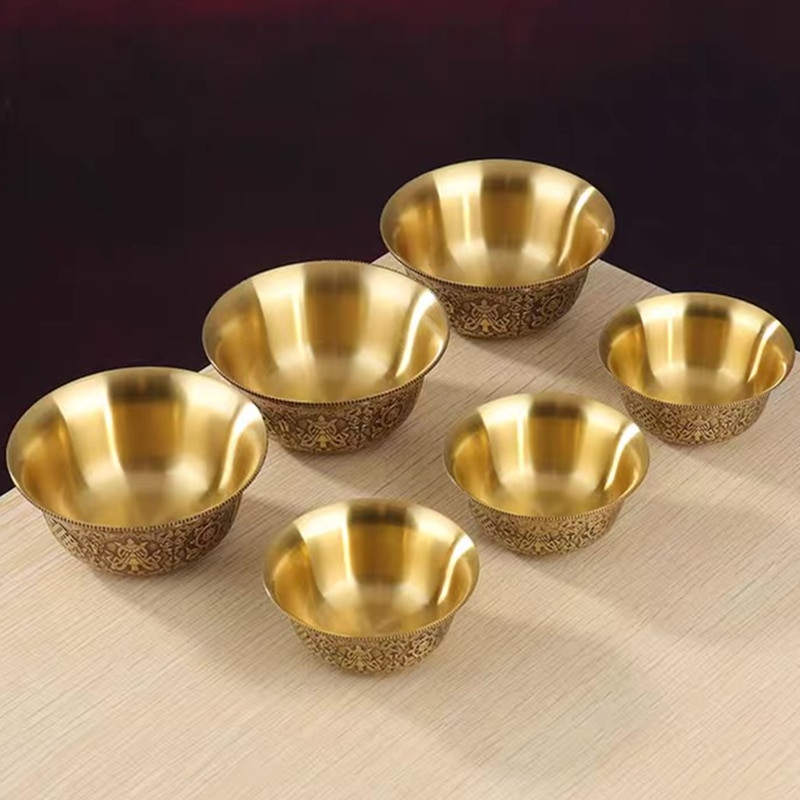 Mini zlatá mosadzná budhistická miska, priaznivý tibetský hold 25ml gravírovaný pohár svätenej vody, meditačná miska, darček pre domácnosť, dekorácia