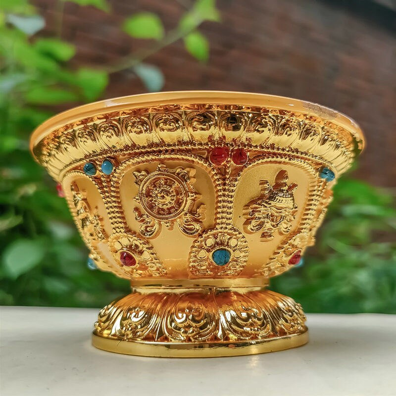 Pozlátená misa Budhu vykladaná drahokamom, zliatina zinku, priaznivý tibetský poctený pohár na svätenú vodu, budhistická misa, darčeková kolekcia pre domácnosť, dekoratívna