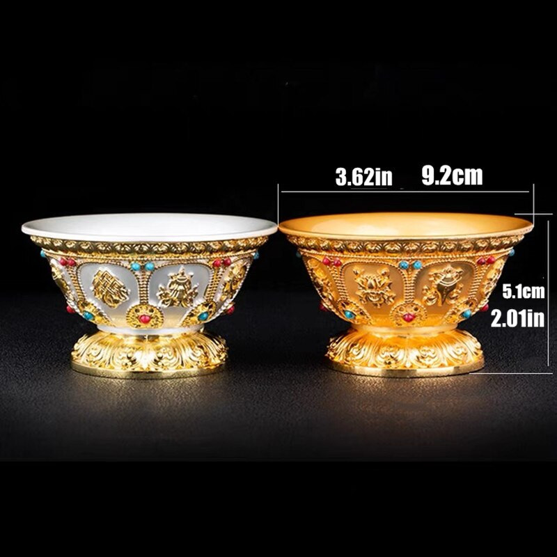 Reljefs tīra vara dzeramā bļoda zeltīta inkrustēta dārgakmeņu sakausējuma labvēlīga Tibetas svētā ūdens kauss budistu bļoda Mājas dāvana dekoratīva