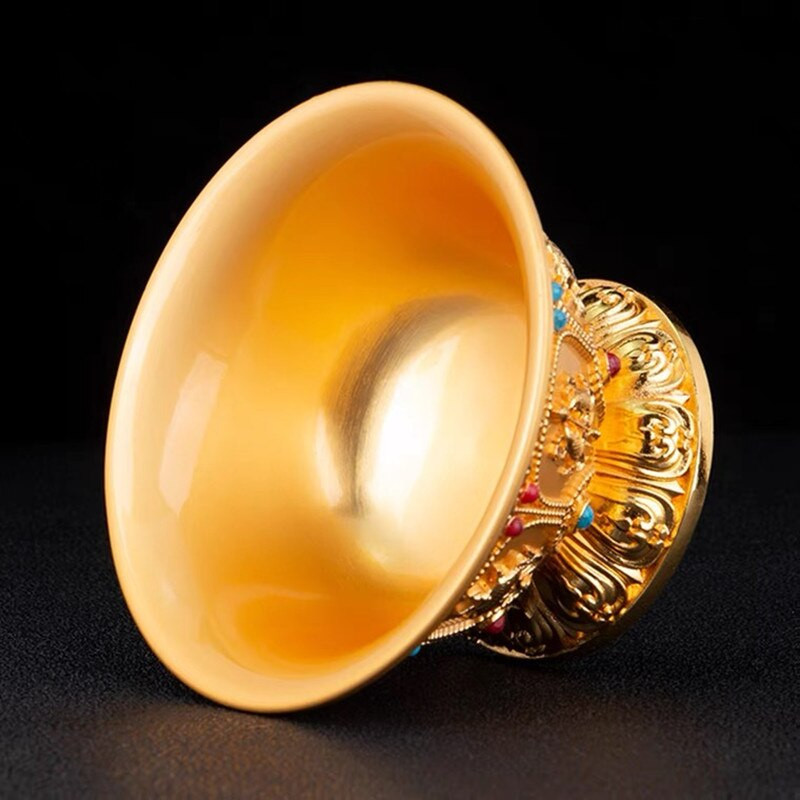 Reljefs tīra vara dzeramā bļoda zeltīta inkrustēta dārgakmeņu sakausējuma labvēlīga Tibetas svētā ūdens kauss budistu bļoda Mājas dāvana dekoratīva