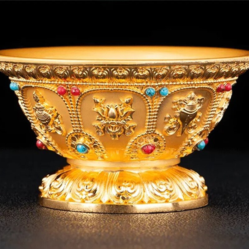 Reljefs tīra vara dzeramā bļoda zeltīta inkrustēta dārgakmeņu sakausējuma labvēlīga Tibetas svētā ūdens kauss budistu bļoda Mājas dāvana dekoratīva
