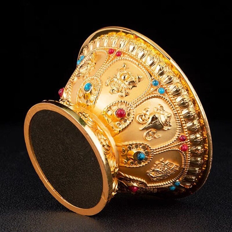 Reljefs tīra vara dzeramā bļoda zeltīta inkrustēta dārgakmeņu sakausējuma labvēlīga Tibetas svētā ūdens kauss budistu bļoda Mājas dāvana dekoratīva