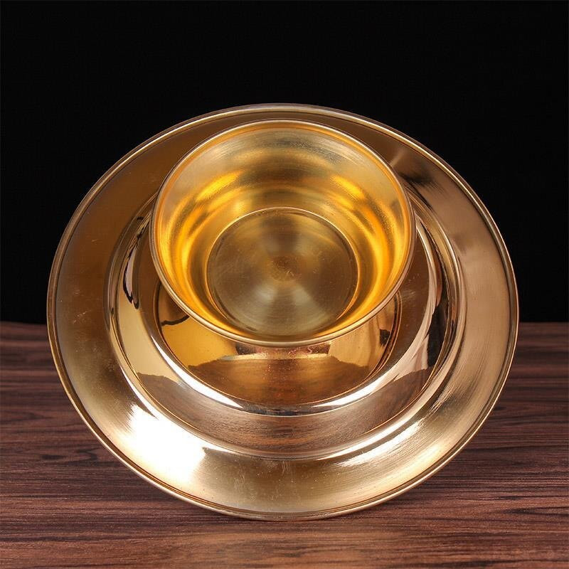 Buddhizmus réz gyümölcstál Kedvező polírozás Tibeti sárgaréz tisztelgő tányér buddhista istentiszteleti tálca asztali otthoni ajándék dekoratív