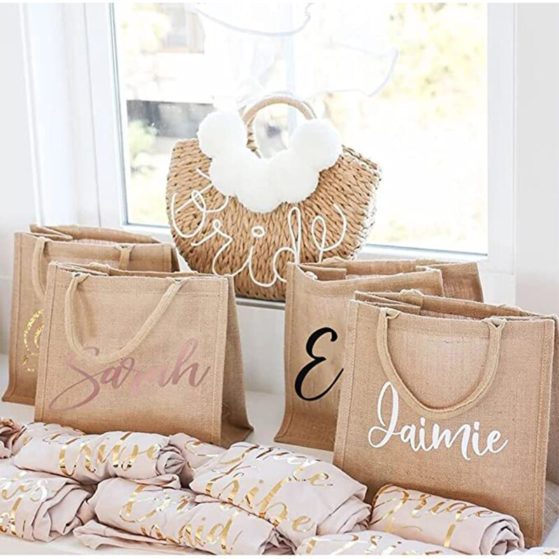 Εξατομικευμένες τσάντες αγορών Δώρο Γαμήλιο πάρτι Νύφη Χοντρό vintage τσάντα λινάτσας από γιούτα Προσαρμοσμένο όνομα για Bride Bridesmaid