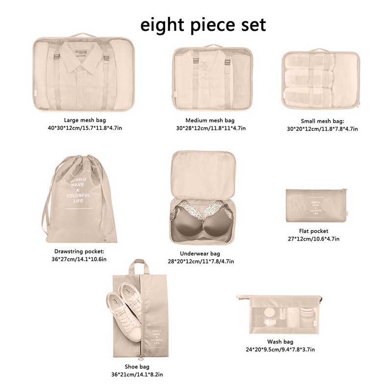 Органайзер за куфар Комплект чанти Комплект от 8 органайзера за багаж за пътуване Опаковъчни кубчета Дамски органайзери за опаковане за пътуване Комплект за