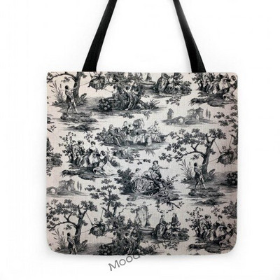 Tmavomodrá, čiernobiela, v štýle novinového plagátu s motívom Toile de Jouy, vintage vodeodolná ľanová taška cez rameno
