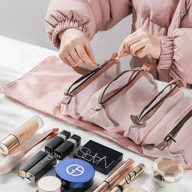 Nuimamas nailoninis makiažo krepšys Naujas nešiojamas didelės talpos „Keturi viename“ nešiojamas sulankstomas kelioninis kosmetikos laikymo tualeto krepšys