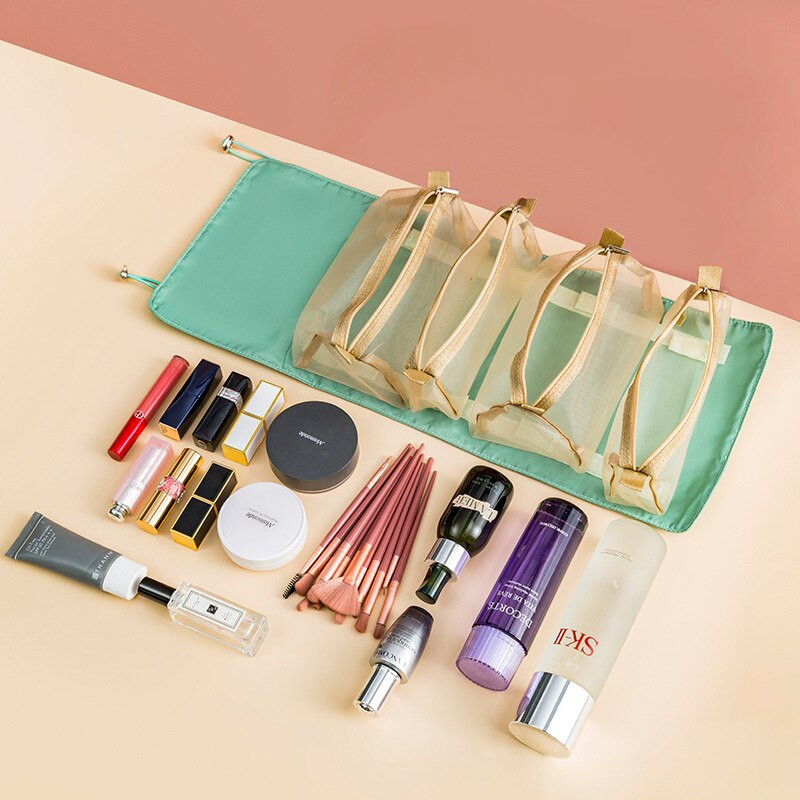 Nuimamas nailoninis makiažo krepšys Naujas nešiojamas didelės talpos „Keturi viename“ nešiojamas sulankstomas kelioninis kosmetikos laikymo tualeto krepšys