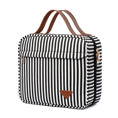 Ceļojumu svītraina tualetes piederumu soma ar pakarināmu āķi, 4 nodalījumi, liela ietilpība kosmētikas organizators ar rāvējslēdzēju un ūdensnecaurlaidīgs kosmētikas maciņš