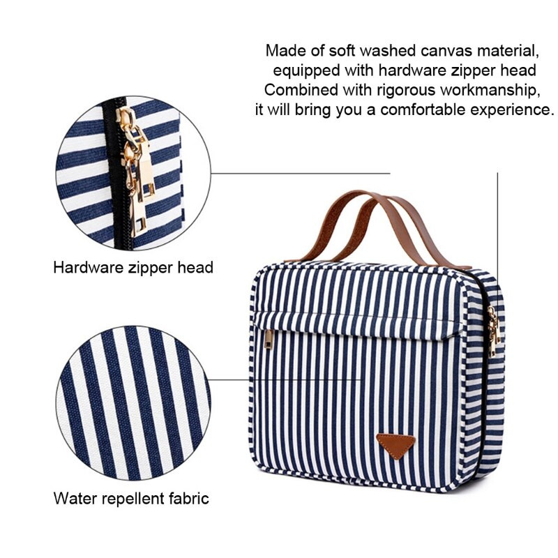 Ceļojumu svītraina tualetes piederumu soma ar pakarināmu āķi, 4 nodalījumi, liela ietilpība kosmētikas organizators ar rāvējslēdzēju un ūdensnecaurlaidīgs kosmētikas maciņš