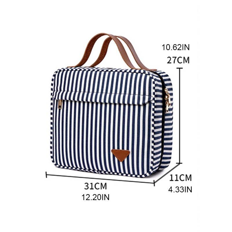 Ceļojumu svītraina tualetes piederumu soma ar pakarināmu āķi, 4 nodalījumi, liela ietilpība kosmētikas organizators ar rāvējslēdzēju un ūdensnecaurlaidīgs kosmētikas maciņš