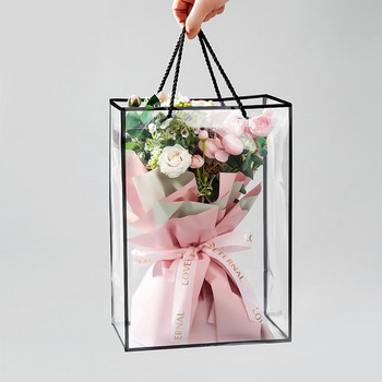 Прозрачна чанта с букет цветя Торбичка с флорални опаковки Пластмасов правоъгълен прозорец Чанта за подарък за носене на ръка 2 цвята