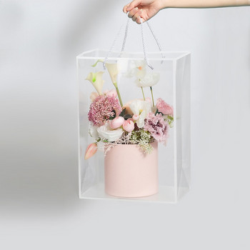 Прозрачна чанта с букет цветя Торбичка с флорални опаковки Пластмасов правоъгълен прозорец Чанта за подарък за носене на ръка 2 цвята