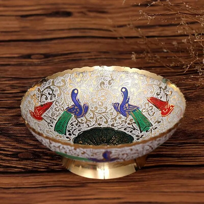 Bol de băut pictat din alamă, păun colorat de bun augur, cană tibetană creativă cu apă sfințită, bol budist, cadou pentru acasă, decorativ