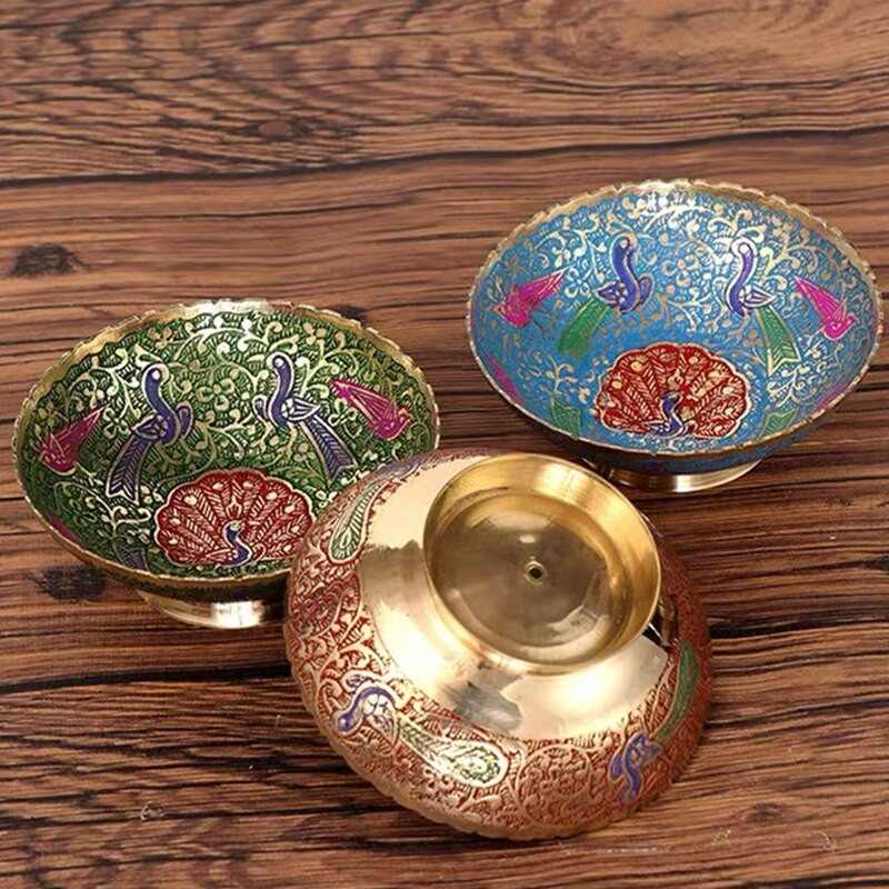 Bol de băut pictat din alamă, păun colorat de bun augur, cană tibetană creativă cu apă sfințită, bol budist, cadou pentru acasă, decorativ