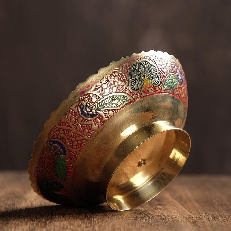 Bol de băut pictat din alamă, păun colorat de bun augur, cană tibetană creativă cu apă sfințită, bol budist, cadou pentru acasă, decorativ