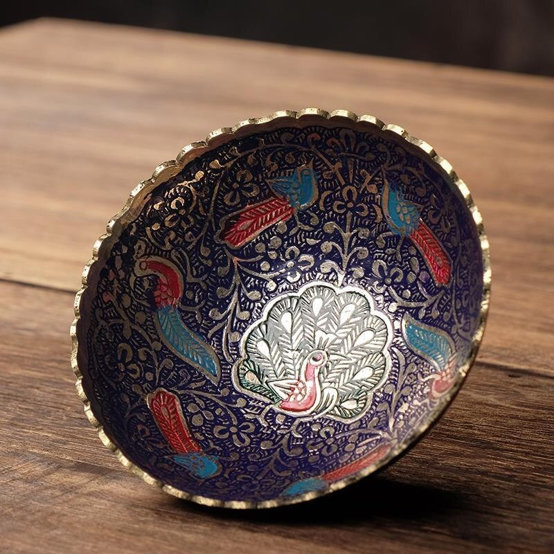 Bol de băut pictat din alamă, păun colorat de bun augur, cană tibetană creativă cu apă sfințită, bol budist, cadou pentru acasă, decorativ
